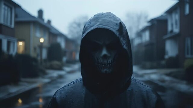 Grim Reaper Figure in Hooded Cloak Walking Down Rainy Suburban Street