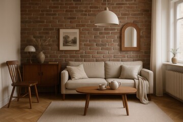 Scandinavian minimalist living room with exposed brick accent wall and curated vintage furniture pieces