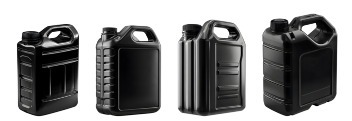 Four black plastic jerrycans with handles isolated on transparent background