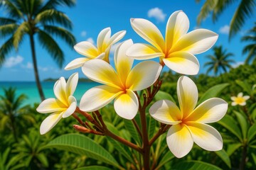 Fototapeta premium Beautiful Frangipani Flower Background With Tropical Plumeria Blossoms And Exotic Island Paradise Setting For Vacation And Travel