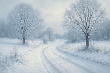 Obraz premium Snowy winter road landscape with pristine white snow and peaceful countryside scenery