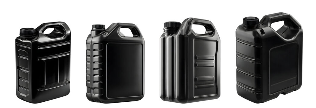 Four black plastic jerrycans with handles isolated on transparent background