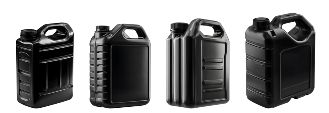 Four black plastic jerrycans with handles isolated on transparent background