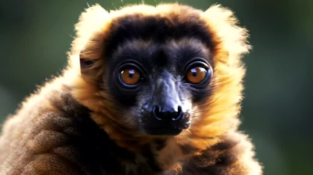 A goldencrowned sifaka lemur stares intently at the camera, its orange and black fur contrasting against a blurred green background