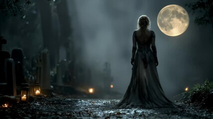 Woman in a Gown Walking Through a Graveyard at Night Under a Full Moon