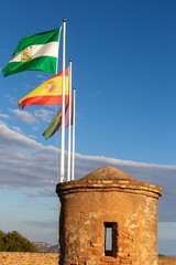 Spanish and Malaga Province Flags, Torre Mayor Famous Main Tower Portrait, Gibralfaro Castle Defensive Medieval Alcazaba Fortress Viewpoint