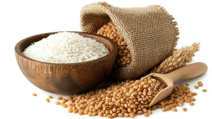Wooden bowl of rice beside burlap sack of wheat