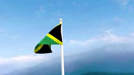 4k Footage Jamaica flag in the wind, blue sky with a cinematic view, Jamaica Flag waving in the wind with a drone shot sky background. It's the Perfect Loop national holiday and independence day