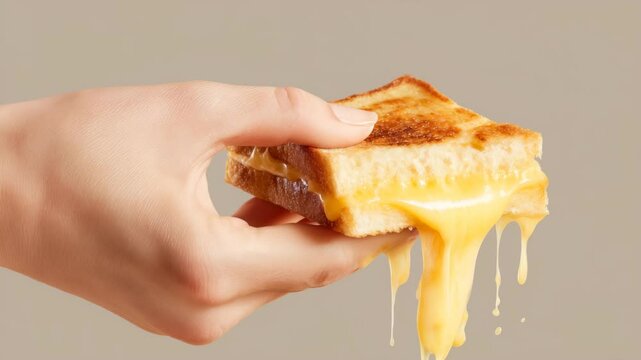 Satisfying cheese pull from grilled sandwich held by hand in motion