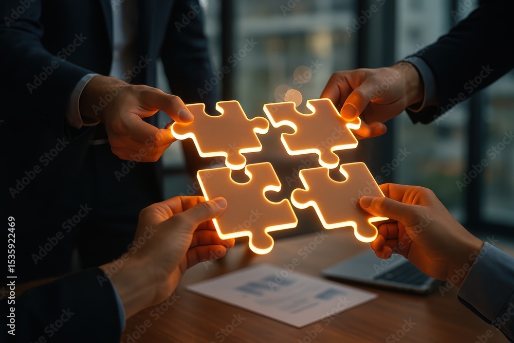 Aufkleber glowing puzzle piece connection with blue led effects representing problem-solving and teamwork coll
