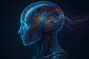Futuristic AI consciousness visualization with glowing neural pathways and data streams integrated into humanoid head profile design
