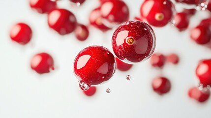 Floating, glossy red cranberries with water droplets against a bright white backdrop