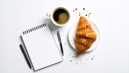 Flat Lay of Breakfast Essentials: Coffee, Croissant, and Journal