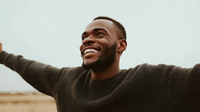 Joyful man embracing freedom in open field with wide smile and outstretched arms