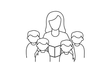 Teacher reading to children continuous line art illustration