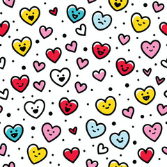 Colorful hearts with faces, scattered on a white background