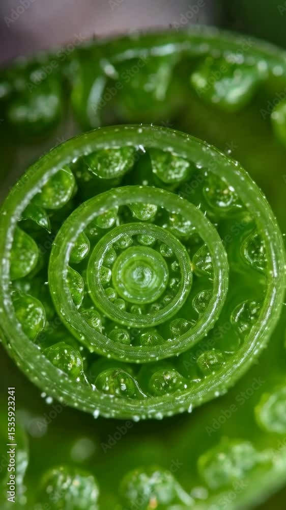 Poster close-up of a coiled bright green fern frond, showcasing intricate spiral patterns and textured surf