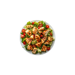 Top View of Chicken Caesar Salad on White Plate, Isolated on Transparent Background, png
