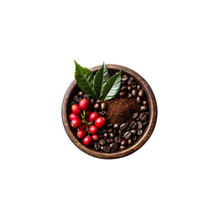 Trio of Coffee: Ground, Roasted, and Fresh Beans in a Clean Transparent Composition, Isolated on Transparent Background,png
