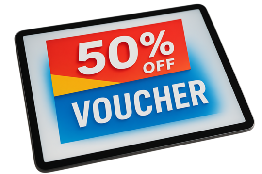 50% discount voucher, bright colors, flat digital display, clean white background,sign,business,label - Powered by Adobe