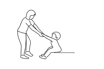Woman helping child up continuous-line drawing illustration