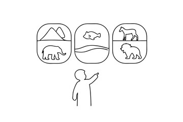 Child points at continous-line animal and landscape icons