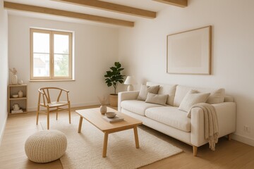 Fototapeta premium Scandinavian minimalist home interior with warm wood furniture and neutral color scheme for modern living