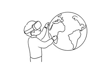 Person wearing vr headset exploring virtual globe continuous-line drawing