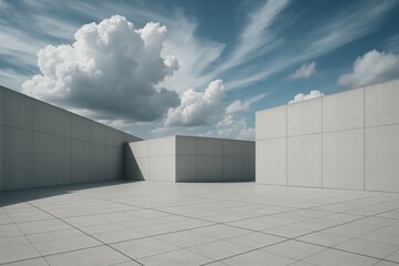 Urban plaza with dramatic cloudy sky and empty concrete space for modern architectural photography