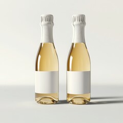 Pair of mini champagne bottles mockup with blank white labels, clean background.