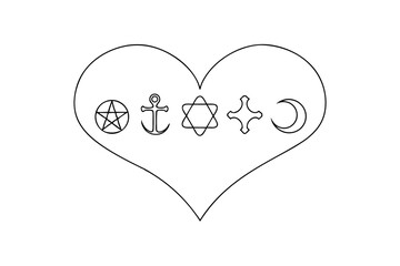 Heart shaped continuous line drawing of religious symbols