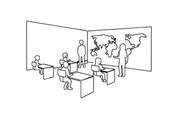 Classroom scene continous-line drawing world map lesson