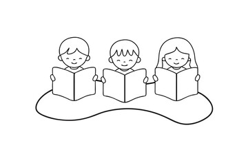 Three children reading books together continuous line art illustration