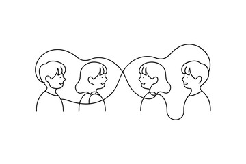 Two pairs of friends connected by a continuous-line drawing