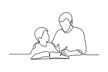Continuous-line drawing father helping son with homework