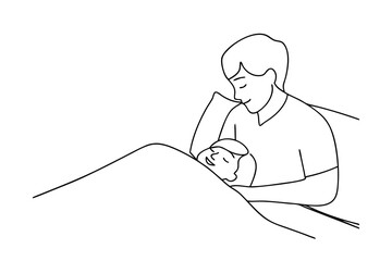Father gently watching sleeping child continuous-line drawing