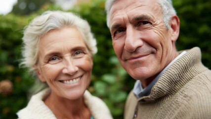 Joyful stroll: happy elderly couple sharing a lighthearted moment outdoors