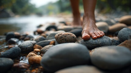 Bare feet stepping on smooth river stones
