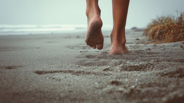Bare feet walking across soft beach sand