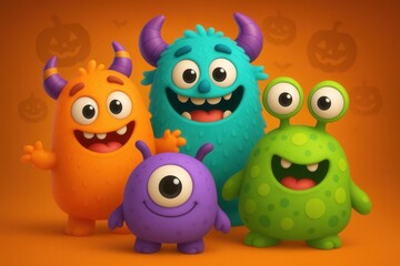 Adorable Halloween monster collection featuring cute kawaii-style creatures with friendly expressions and playful 3D character design