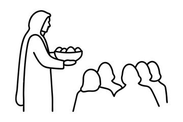 Person in robe offering bowl of eggs to a group continuous-line drawing