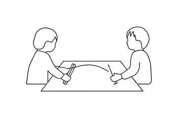 Two children drawing continuous-line art together at a table