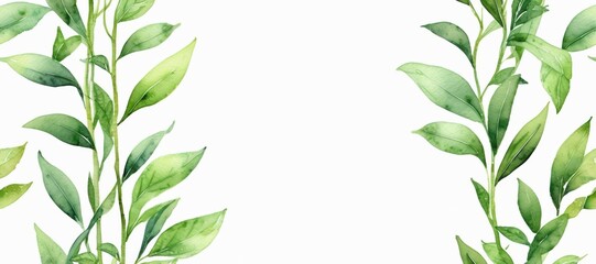 frame of green tea leaves with copy space center, horizontal banner. Tea making industry. Watercolor illustration. 