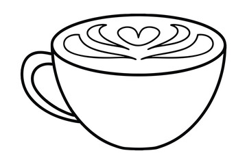 A continuous-line drawing of a coffee cup with heart latte art