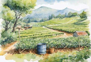 green tea plantations garden view in highlands. Watercolor illustration. 