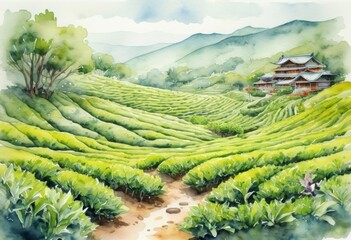 green tea plantations garden view in highlands of Sri Lanka . Watercolor illustration. 