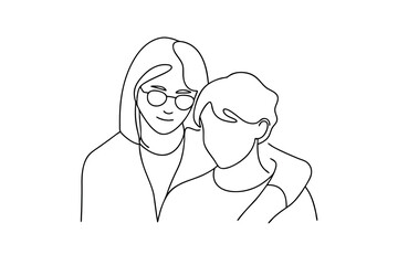 Two women friends continuous line art drawing minimalist style