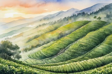 misty green tea plantations garden in highlands at sunset. Watercolor illustration. landscape with mountains and clouds