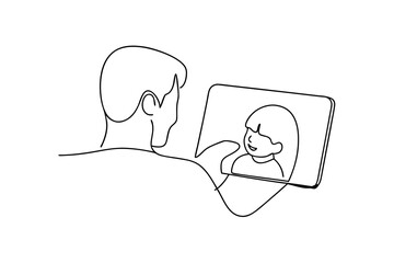 Man video calling daughter continuous-line drawing illustration