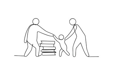 Continuous-line drawing parents helping child with books